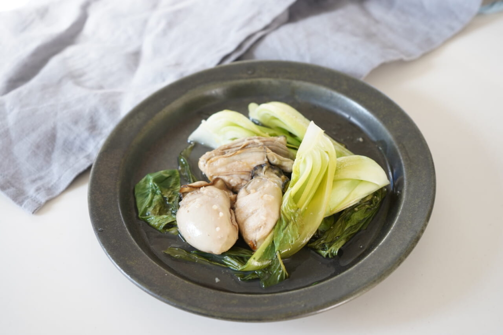 お弁当レシピ1牡蠣と青梗菜の蒸し煮